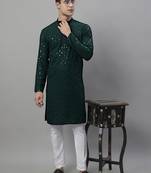 Men green embroidered rayon kurta pajama