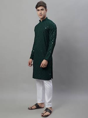 Men green embroidered rayon kurta pajama 2