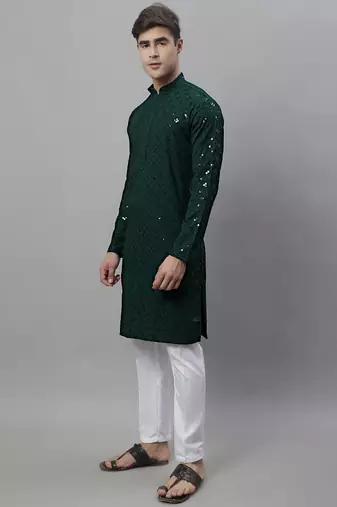 Men green embroidered rayon kurta pajama