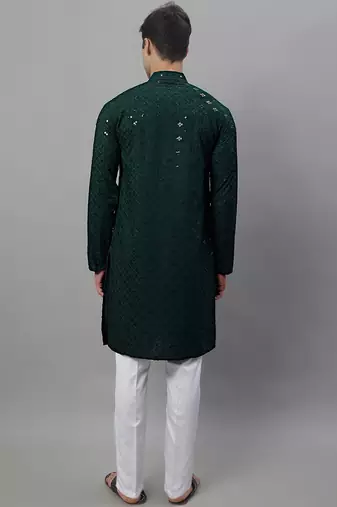 Men green embroidered rayon kurta pajama