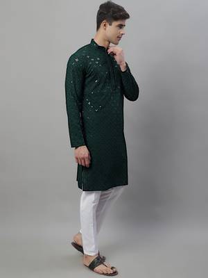 Men green embroidered rayon kurta pajama 5