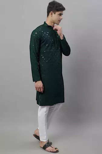 Men green embroidered rayon kurta pajama