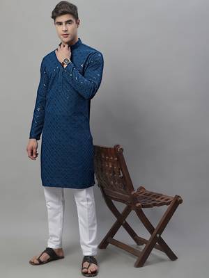 Men blue embroidered rayon kurta pajama 1