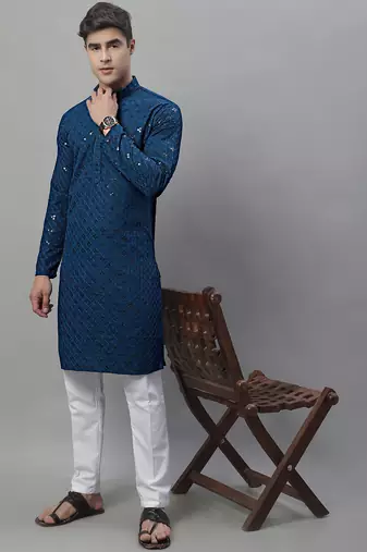 Men blue embroidered rayon kurta pajama