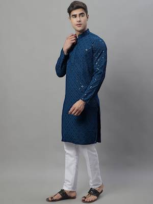 Men blue embroidered rayon kurta pajama 2