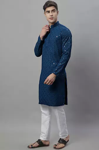 Men blue embroidered rayon kurta pajama