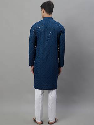 Men blue embroidered rayon kurta pajama 4