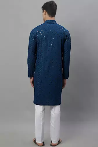 Men blue embroidered rayon kurta pajama
