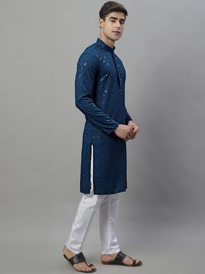Men blue embroidered rayon kurta pajama 5