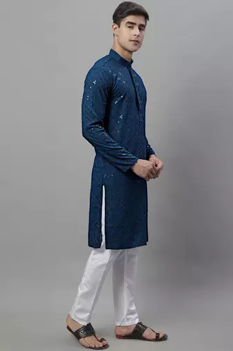 Men blue embroidered rayon kurta pajama