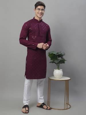 Men purple embroidered rayon kurta pajama 1
