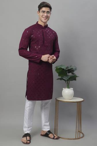 Men purple embroidered rayon kurta pajama