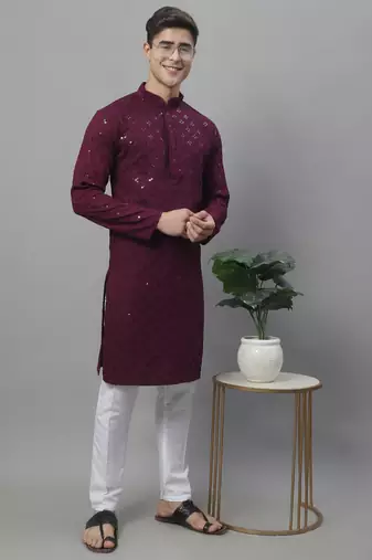 Men purple embroidered rayon kurta pajama