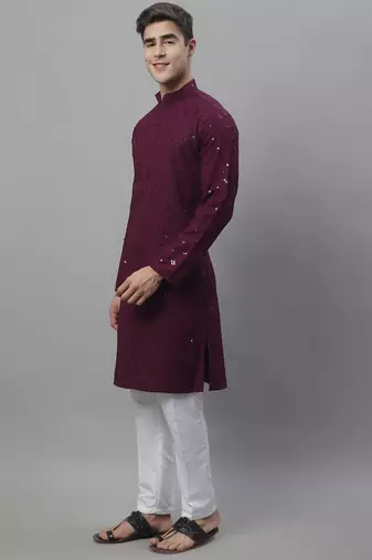 Men purple embroidered rayon kurta pajama