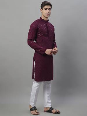 Men purple embroidered rayon kurta pajama 5