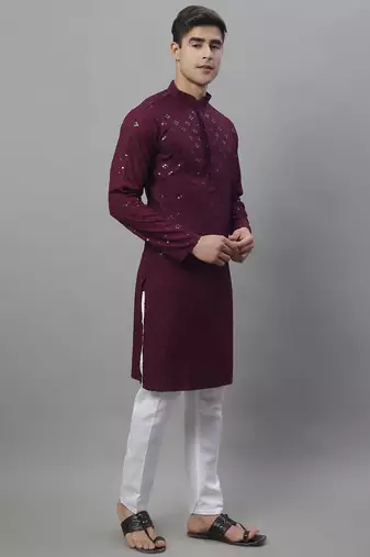 Men purple embroidered rayon kurta pajama