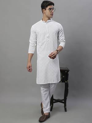 Men white embroidered rayon kurta pajama 1