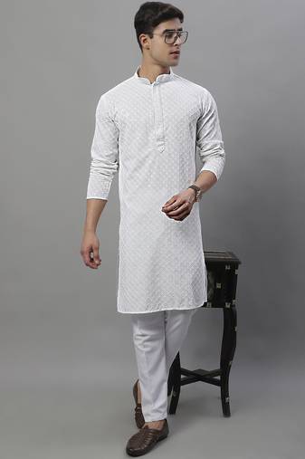Men white embroidered rayon kurta pajama