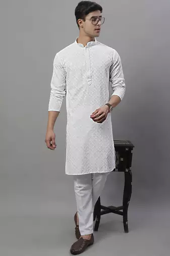 Men white embroidered rayon kurta pajama