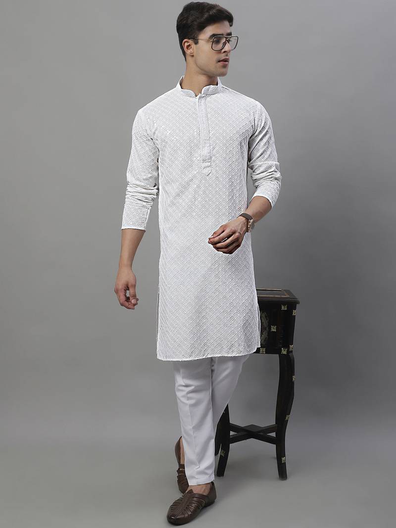 Men white embroidered rayon kurta pajama