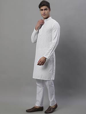 Men white embroidered rayon kurta pajama 2