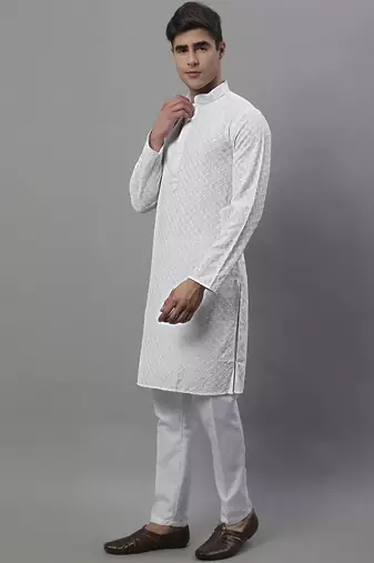 Men white embroidered rayon kurta pajama