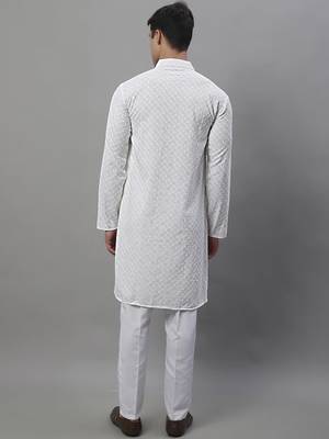 Men white embroidered rayon kurta pajama 4
