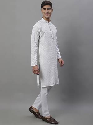 Men white embroidered rayon kurta pajama 5