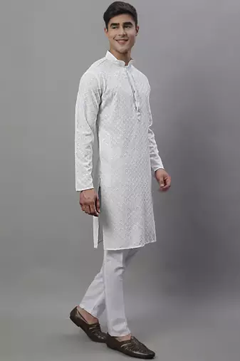 Men white embroidered rayon kurta pajama