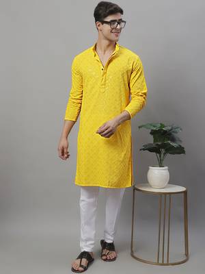 Men yellow embroidered rayon kurta pajama 1