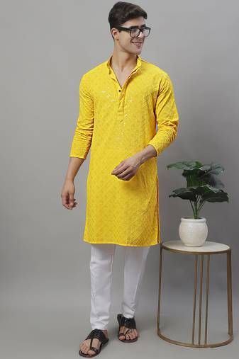 Men yellow embroidered rayon kurta pajama