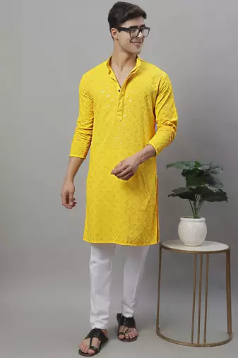 Men yellow embroidered rayon kurta pajama