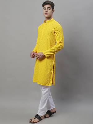 Men yellow embroidered rayon kurta pajama 2