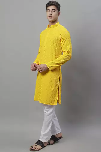 Men yellow embroidered rayon kurta pajama