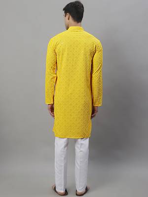 Men yellow embroidered rayon kurta pajama 4