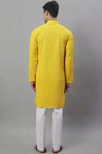 Men yellow embroidered rayon kurta pajama