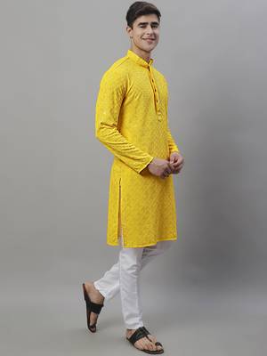 Men yellow embroidered rayon kurta pajama 5