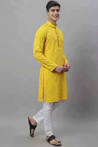 Men yellow embroidered rayon kurta pajama