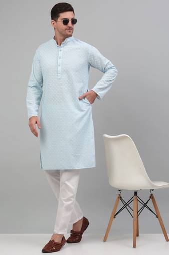 Men blue embroidered cotton kurta pajama