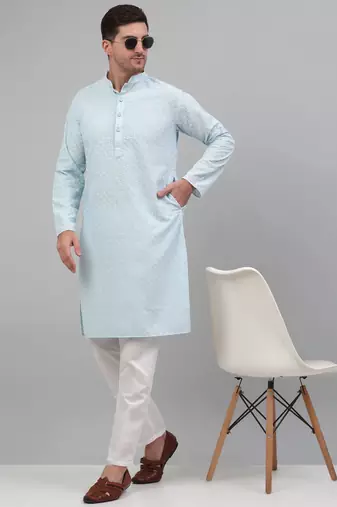 Men blue embroidered cotton kurta pajama