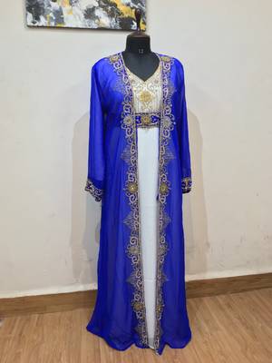 Royal Blue & White color Full Sleeves Handmade Two Piece Jacket Style Moroccan Kaftan 1