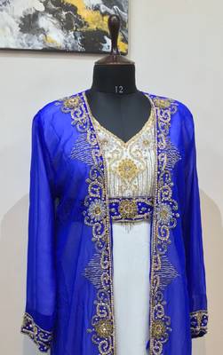 Royal Blue & White color Full Sleeves Handmade Two Piece Jacket Style Moroccan Kaftan 2
