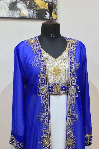 Royal Blue & White color Full Sleeves Handmade Two Piece Jacket Style Moroccan Kaftan