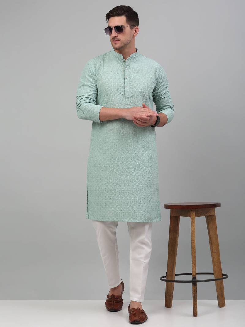 Men green embroidered cotton kurta pajama