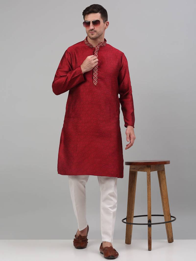 Men maroon embroidered silk blend kurta pajama