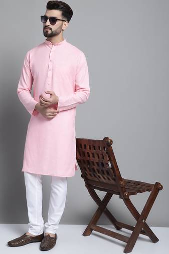 Men pink solid cotton kurta pajama