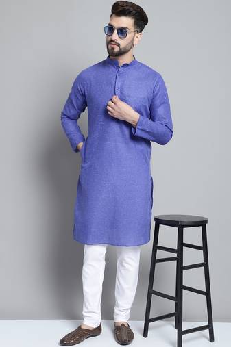 Men blue solid cotton kurta pajama