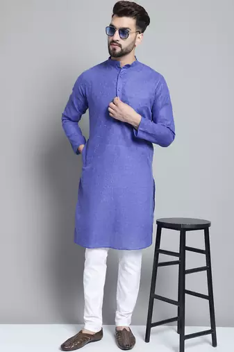 Men blue solid cotton kurta pajama