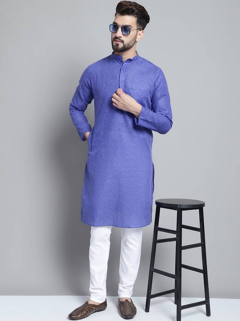 Men blue solid cotton kurta pajama