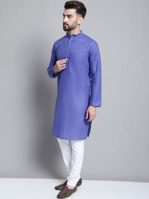 Men blue solid cotton kurta pajama 2